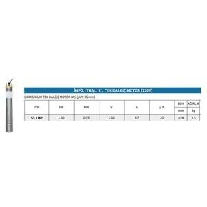 İmpo 3 inç S3 1HP Tek Dalgıç Motor 220V